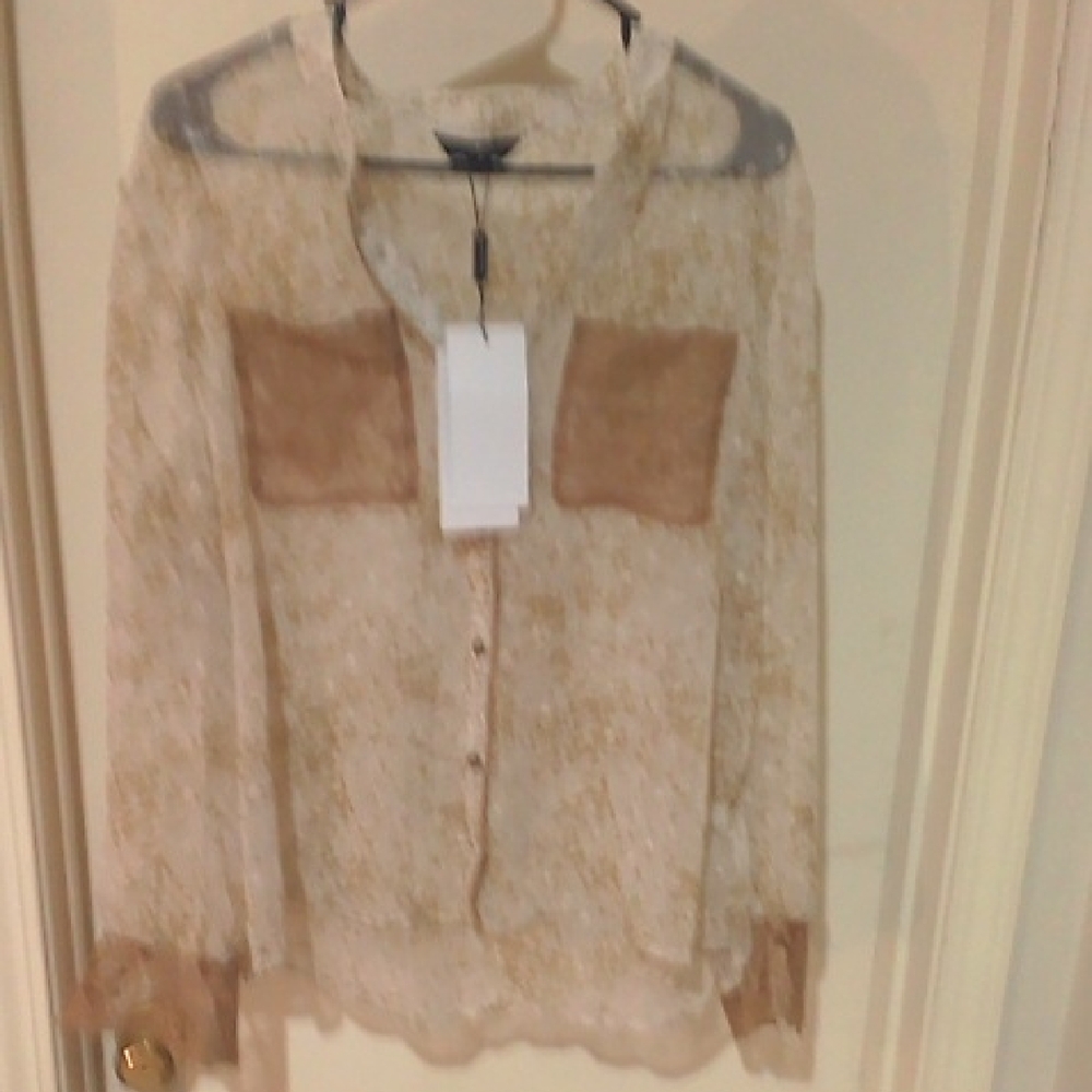 Sheer Button-Up Blouse with Tan Accents
